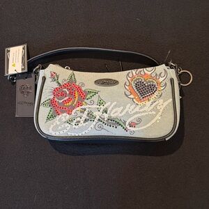 Ed Hardy Denim Baguette Shoulder Bag Blue Rhinestone Rose & Heart Tattoo‎ NWT